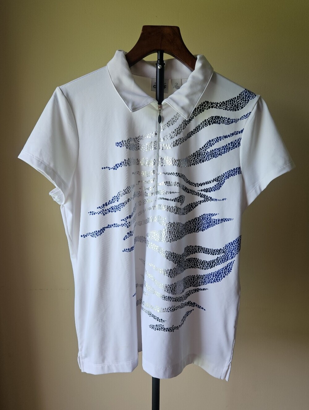 Zenergy Chico's White Short-Sleeve Polo Top with Blue & Silver Wave Print